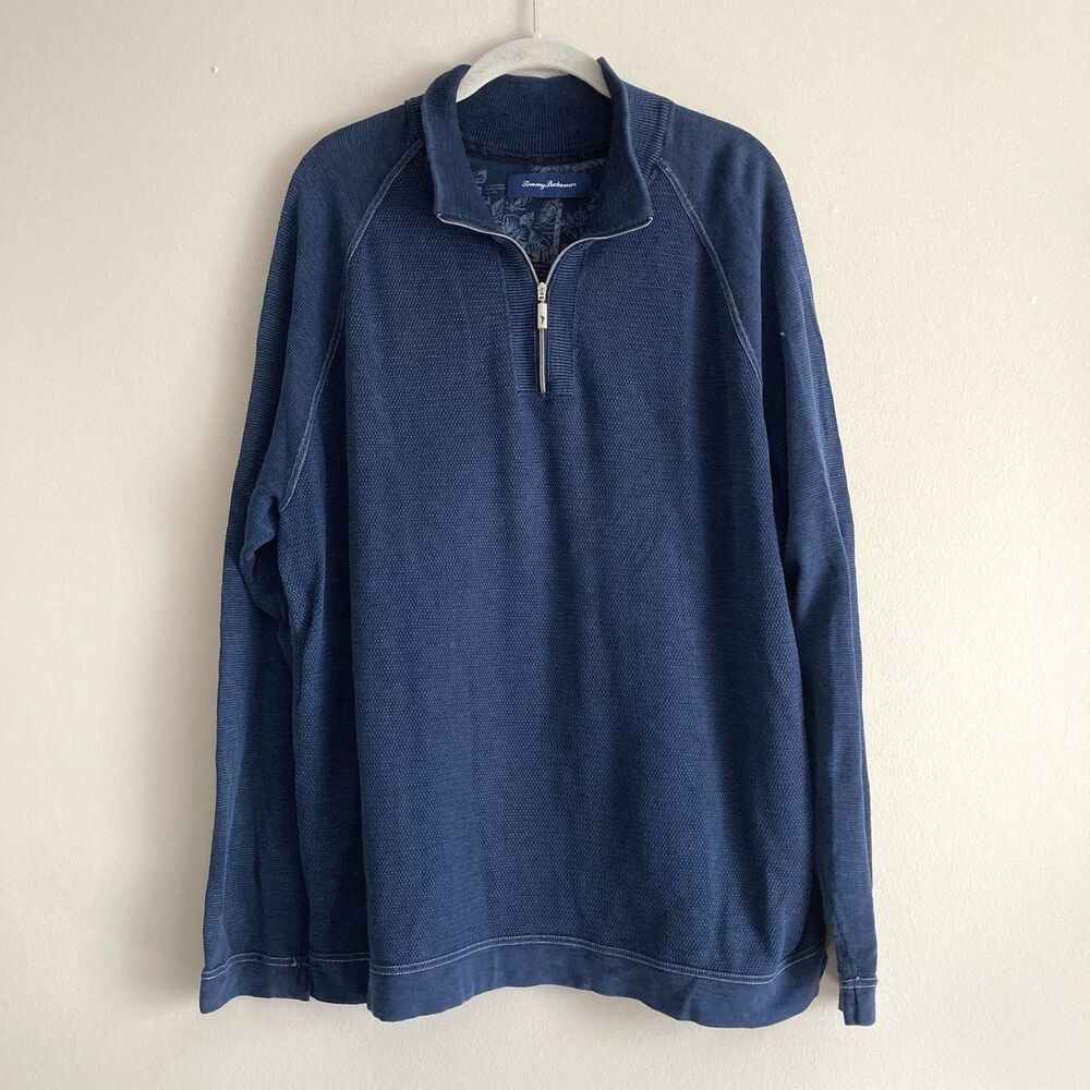 Tommy Bahama Mens Size XL Blue 1/4 Zip Cotton Knit Pullover Sweater Longsleeve